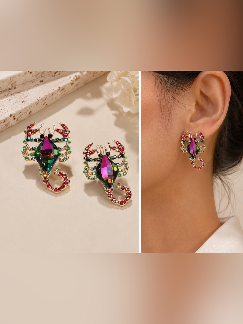 Sparkling Crystal Scorpion Stud Earrings | Colorful Rhinestone Statement Jewelry - Picture 5 of 6